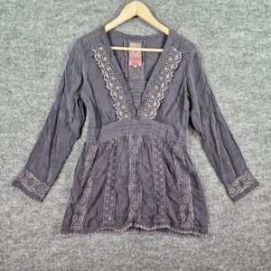 Johnny Was Shirt Womens Gray Embroidered Eyelet Lace Boho Peasant Tunic V Neck S